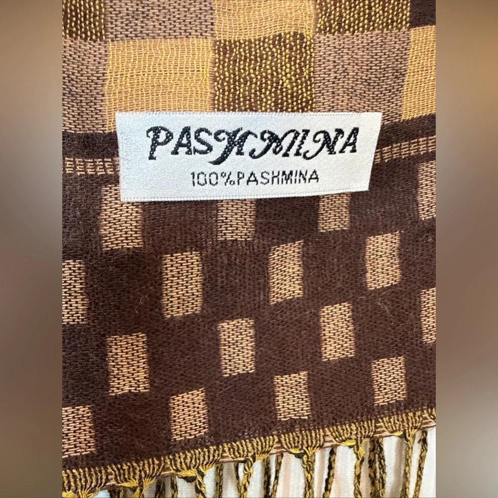 Pashmina Scarf Wrap Shawl Throw Brown Paisley Checkerboard Stripe Fringe 28